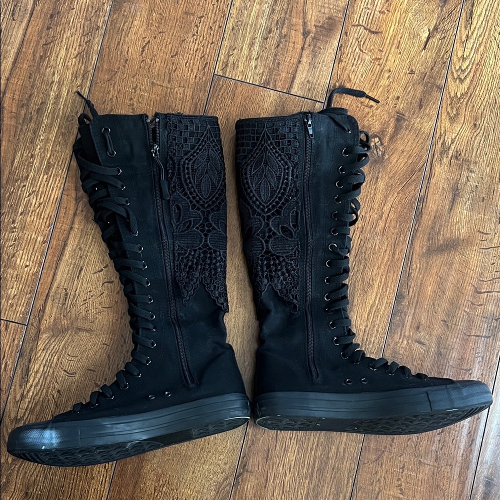 Black Lace-Up Boots with Intricate Design - Picture 5 of 6